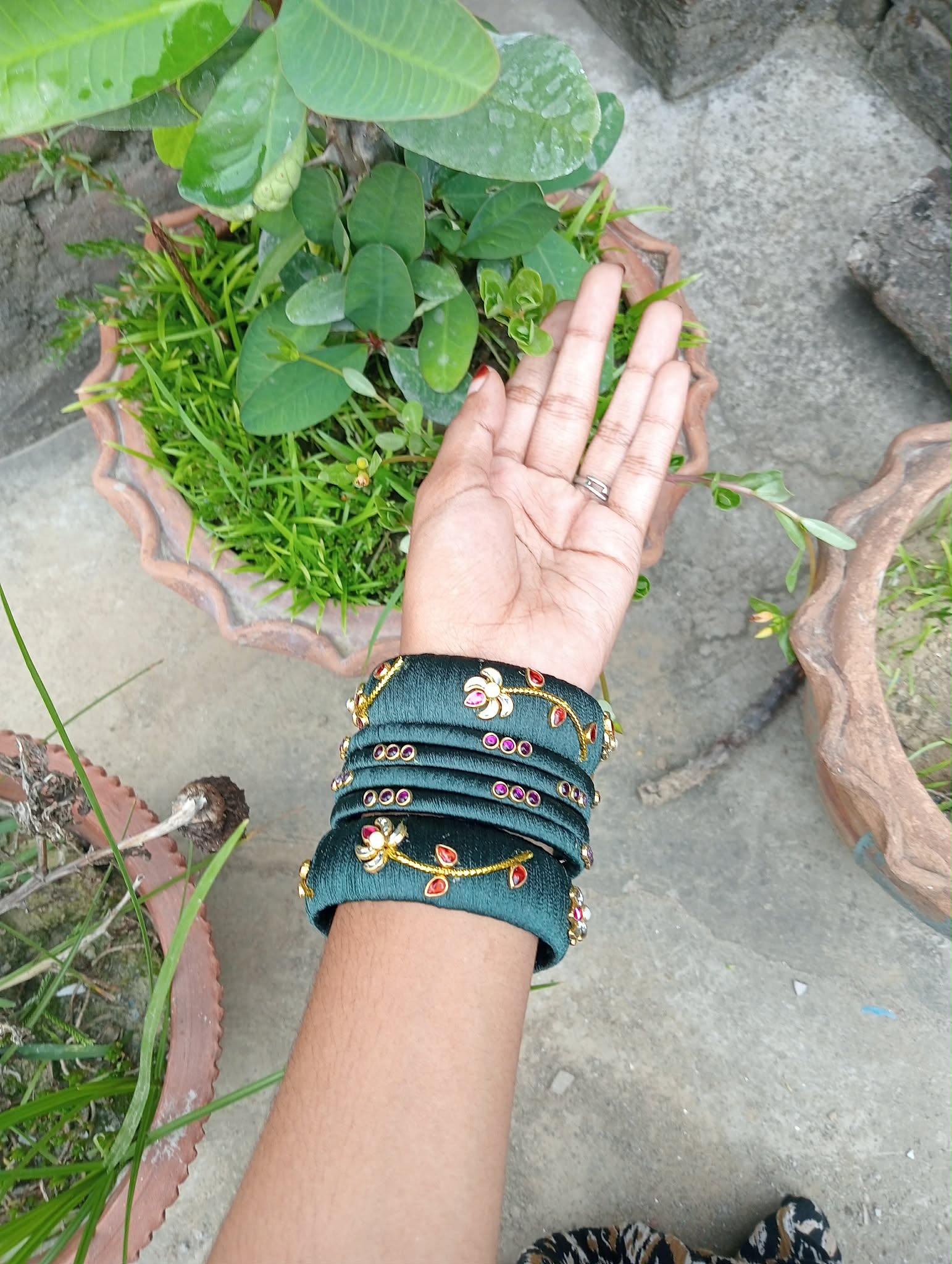 Elegant Dark Teal Raw Silk Bangle Set with Gold Floral Motifs