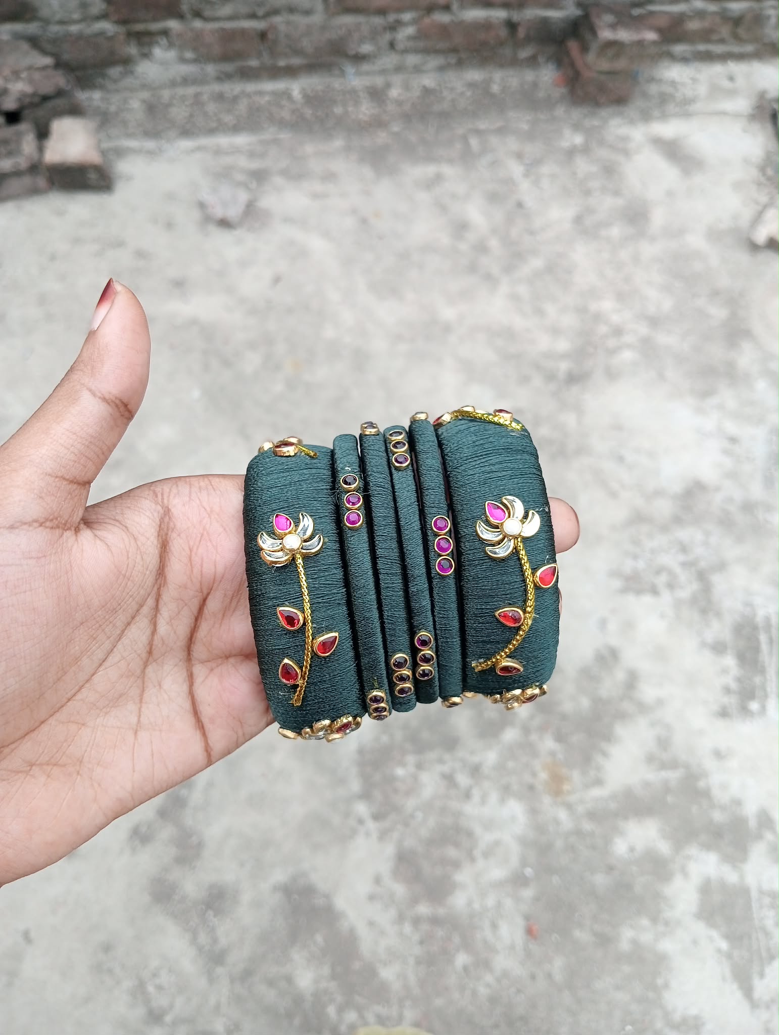 Handcrafted Dark Teal Raw Silk Bangle Set with Floral Stones